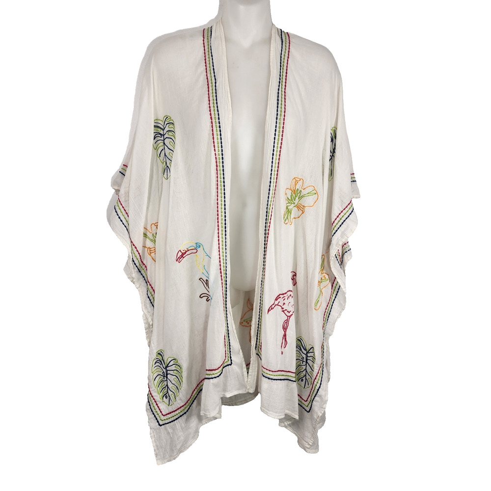 Soft Surroundings OS Ivory Kimono Multicolor Tropical Embroidery Gauzy Open